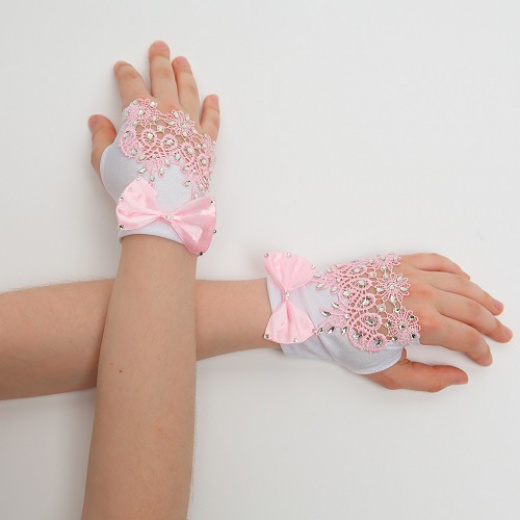 Перчатки митенки к платью для девочки белые с розовым мини