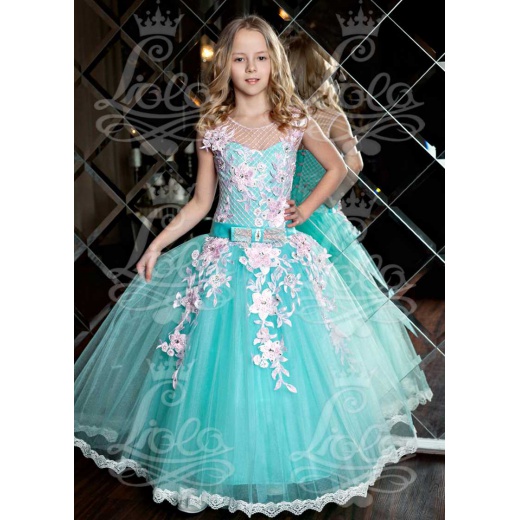 Красивое нарядное платье для девочки цвета морской волны с розовым