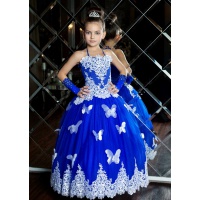 Вечернее платье с бабочками для девочки синее с белым